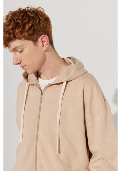 ALTINYILDIZ CLASSICS Erkek Sütlü Kahve Oversize Fit Bol Kesim Kapüşonlu Yaka %100 Pamuk Fermuarlı Sweatshirt