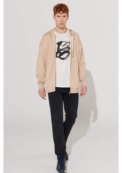 ALTINYILDIZ CLASSICS Erkek Sütlü Kahve Oversize Fit Bol Kesim Kapüşonlu Yaka %100 Pamuk Fermuarlı Sweatshirt