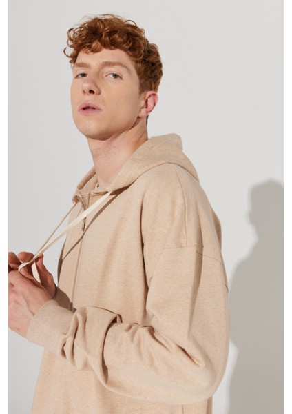 ALTINYILDIZ CLASSICS Erkek Sütlü Kahve Oversize Fit Bol Kesim Kapüşonlu Yaka %100 Pamuk Fermuarlı Sweatshirt