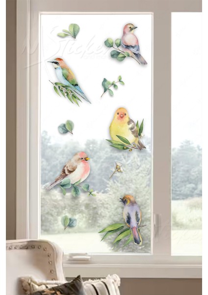 Bahar Kuşları ve Yapraklar Cam Duvar Sticker Seti