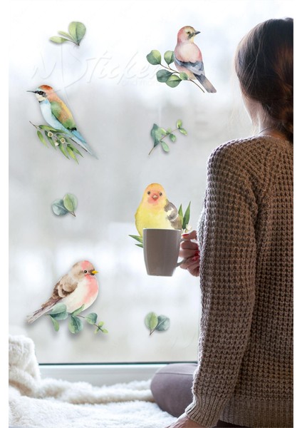 Bahar Kuşları ve Yapraklar Cam Duvar Sticker Seti fiyatları