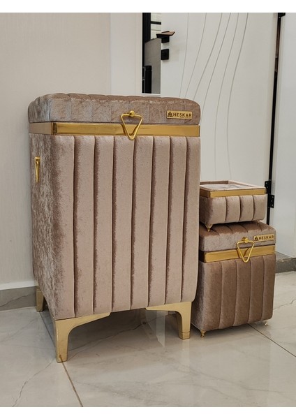 3 Parça Kare Kapuçino Renk Altın Şeritli Lüks Kadife Banyo Kirli Çamaşır Sepeti