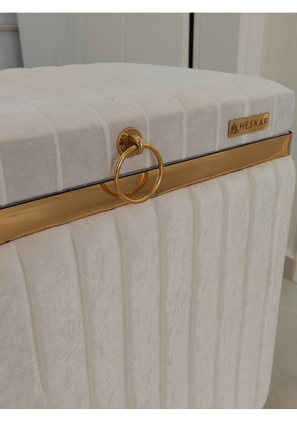 3 Parça Dikdörtgen Krem Renk Altın Şeritli Modern Kadife Banyo Kirli Çamaşır Sepeti