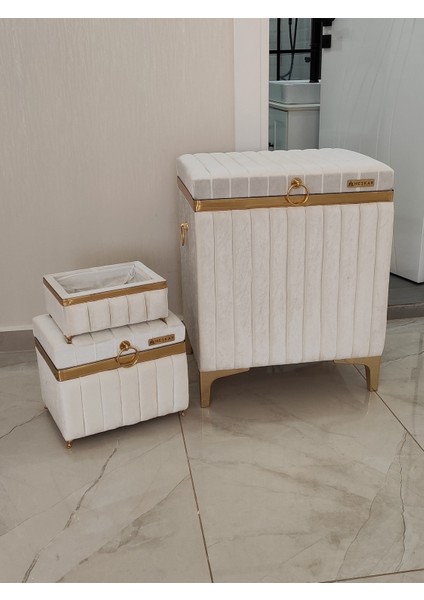 3 Parça Dikdörtgen Krem Renk Altın Şeritli Modern Kadife Banyo Kirli Çamaşır Sepeti fiyatları