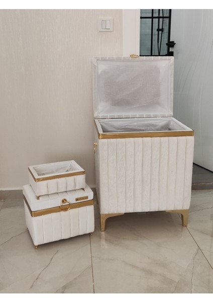 3 Parça Dikdörtgen Krem Renk Altın Şeritli Modern Kadife Banyo Kirli Çamaşır Sepeti modelleri