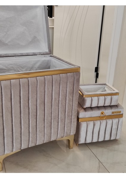 3 Parça Dikdörtgen Gri Renk Altın Şeritli Modern Kadife Banyo Kirli Çamaşır Sepeti