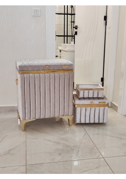 3 Parça Dikdörtgen Gri Renk Altın Şeritli Modern Kadife Banyo Kirli Çamaşır Sepeti fiyatları