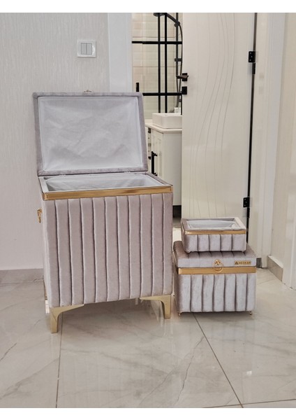 3 Parça Dikdörtgen Gri Renk Altın Şeritli Modern Kadife Banyo Kirli Çamaşır Sepeti modelleri