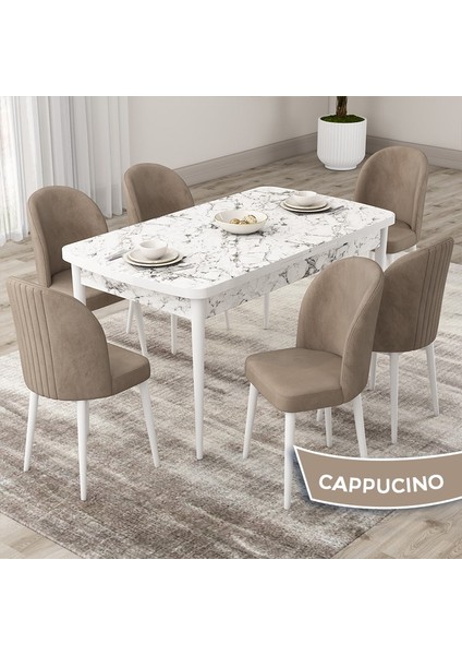 Concept Roe Serisi Açılabilir 80X132 Beyaz Mermer Desen Mutfak Masası Takımı ve 6 Sandalye