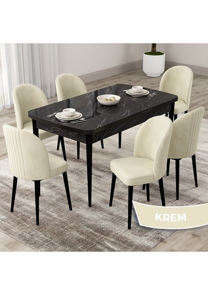 Concept Roe Serisi Açılabilir 80X132 Siyah Mermer Desen Mutfak Masası Takımı ve 6 Sandalye