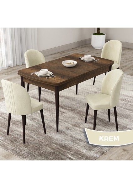 Concept Roe Serisi Açılabilir 80X132 Barok Ahşap Desen Mutfak Masası Takımı ve 4 Sandalye