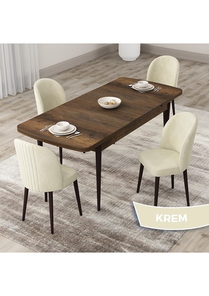 Concept Roe Serisi Açılabilir 80X132 Barok Ahşap Desen Mutfak Masası Takımı ve 4 Sandalye