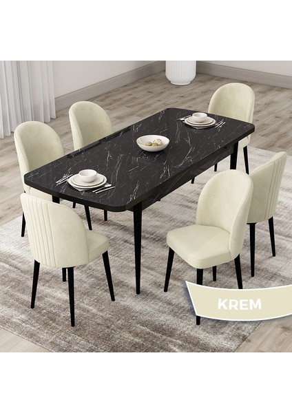 Concept Roe Serisi Açılabilir 80X132 Siyah Mermer Desen Mutfak Masası Takımı ve 6 Sandalye