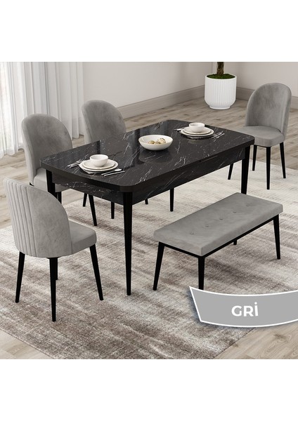 Concept Roe Serisi Açılabilir 80X132 Siyah Mermer Desen Mutfak Masası Takımı 4 Sandalye 1 Bench