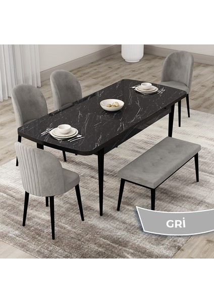 Concept Roe Serisi Açılabilir 80X132 Siyah Mermer Desen Mutfak Masası Takımı 4 Sandalye 1 Bench