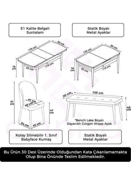 Concept Roe Serisi Açılabilir 80X132 Siyah Mermer Desen Mutfak Masası Takımı 4 Sandalye 1 Bench