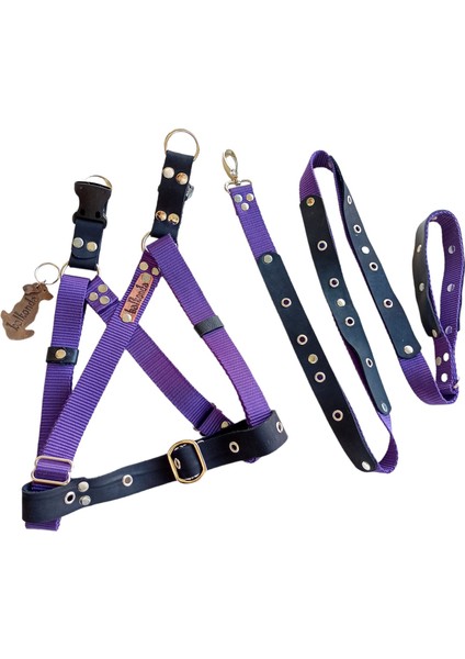 Köpek göğüs tasması gezdirme kayışlı takım kolon nubuk deri mor siyah göğüs ölçüsü:50-90cm ayarlamalı gezdirme kayışı:120cm dog harness TB5-10