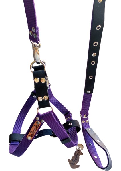 Köpek göğüs tasması gezdirme kayışlı takım kolon nubuk deri mor siyah göğüs ölçüsü:50-90cm ayarlamalı gezdirme kayışı:120cm dog harness TB5-10