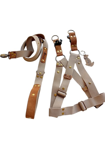 Köpek göğüs tasması gezdirme kayışlı takım deri toprak rengi kolon genişlik:2,5cm göğüs ölçüsü:50-80cm ayarlamalı gezdirme kayışı:120cm dog harness TB5-16