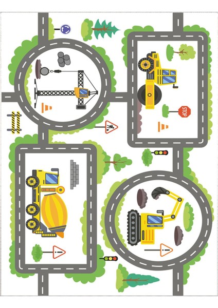 Trafik Çocuk Oyun Halısı Kaymaz Makinede Yıkanabilir Eğitici Bebek ve Çocuk Odası Halısı Oyun Matı