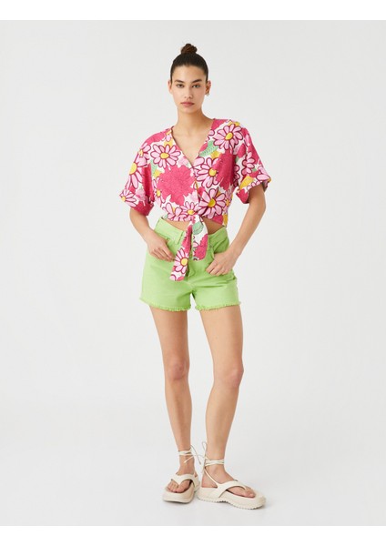 Çiçekli Gömlek Önden Bağlamalı Keten Viskon Karışımlı fiyatları