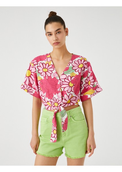 Çiçekli Gömlek Önden Bağlamalı Keten Viskon Karışımlı modelleri