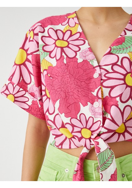 Çiçekli Gömlek Önden Bağlamalı Keten Viskon Karışımlı indirimleri