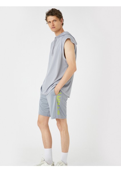 Spor Şort Slogan Baskılı Beli Bağcıklı Cepli