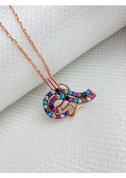 925 Ayar Gümüş Zirkon Taşlı Gold Osmanlı Tuğra Tasarım Trend Kadın Kolye fiyatları