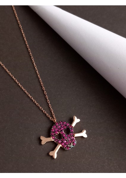 925 Ayar Gümüş Skull Kuru Kafa Figürlü Zirkon Taşlı Genç-Kadın-Erkek Kolye Gold-Pembe Sevgililer Günü Hediye