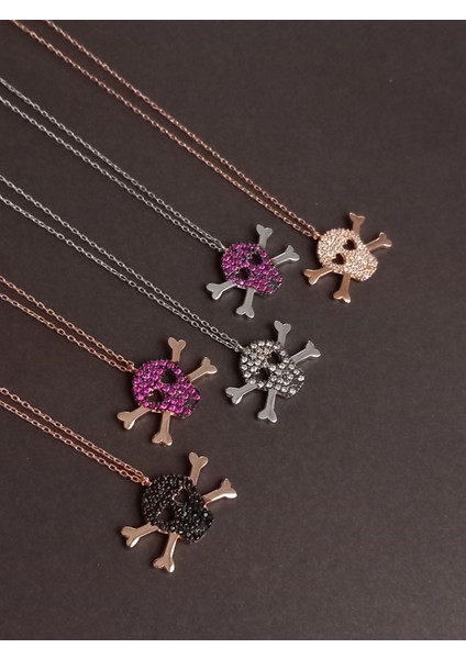 925 Ayar Gümüş Skull Kuru Kafa Figürlü Zirkon Taşlı Genç-Kadın-Erkek Kolye Gold-Pembe Sevgililer Günü Hediye fırsatları