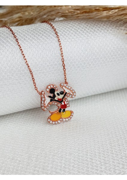 K925 Ayar Gümüş Zirkon Taşlı Gold Mickey Mause Genç-yetişkin-çocuk Kolye Yılbaşı Yeni Yıl Hediye