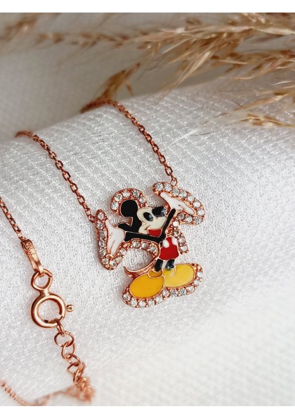 K925 Ayar Gümüş Zirkon Taşlı Gold Mickey Mause Genç-yetişkin-çocuk Kolye Yılbaşı Yeni Yıl Hediye
