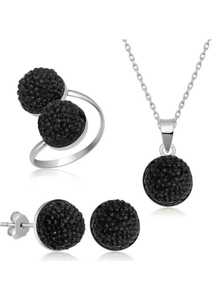 Gümüş Siyah Kristal Kadın Set