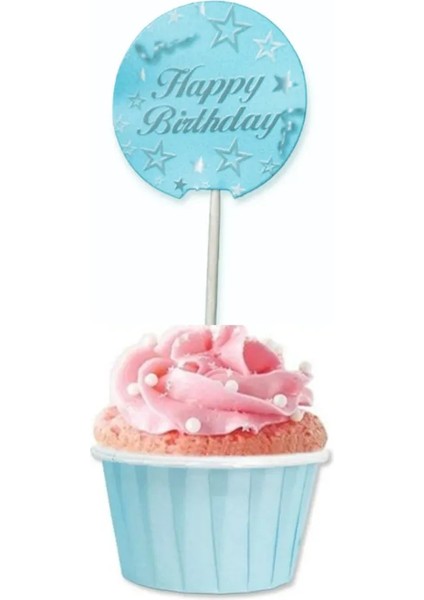 Happy Brithday Pasta Kürdan Doğum Günü Pasta Süsü Cupcake Süsleme Kürdanı Mavi 20 Adet