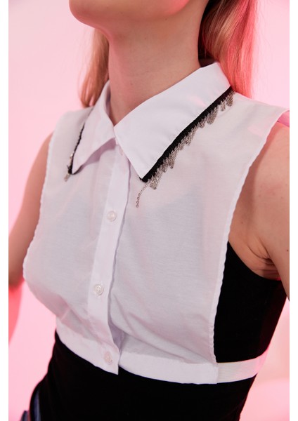 Gümüş Zincir Detaylı Gömlek Yakası Beyaz Renk indirimleri