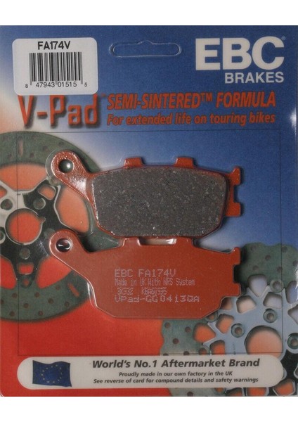 FA174V 2011-2013 Honda Cbr 600 Fa Uyumlu Arka Fren Balatası Yarı Sinterli Balata