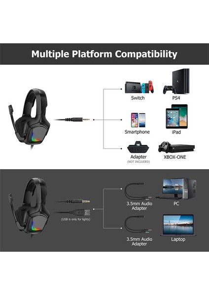 Hafif Portatif Kolayca Katlanıp Taşınabilir Dizayn Kulaklık (Onikuma K20 Rgb Oyuncu Kulaklığı 3.5mm)