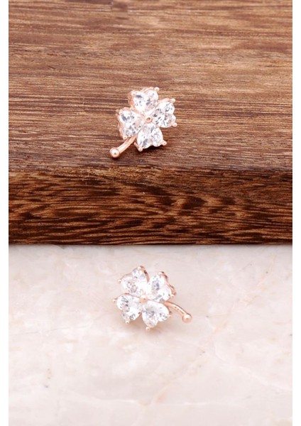 Zirkon Taşlı Rose Gümüş Yonca Tasarım Küpe 2104