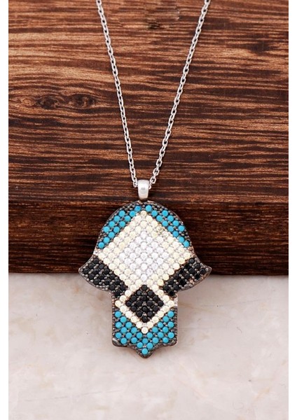 Turkuaz Taşlı Bereket Eli Tasarım Kolye 3610