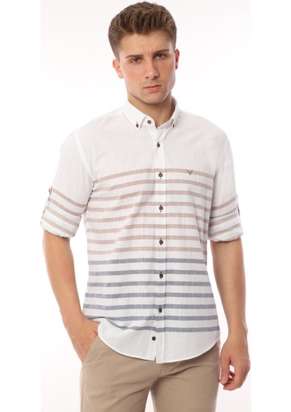 Slim Fit Uzun Kol Panolu Keten Hediye Kutulu Kolay Ütülenebilir Erkek GÖMLEK(A.139) - Bej