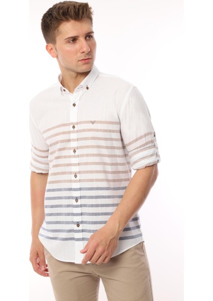 Slim Fit Uzun Kol Panolu Keten Hediye Kutulu Kolay Ütülenebilir Erkek GÖMLEK(A.139) - Bej fiyatları