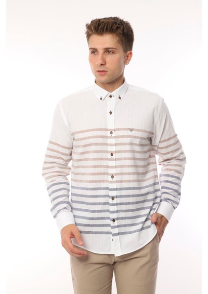 Slim Fit Uzun Kol Panolu Keten Hediye Kutulu Kolay Ütülenebilir Erkek GÖMLEK(A.139) - Bej fırsatları