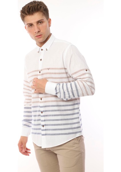 Slim Fit Uzun Kol Panolu Keten Hediye Kutulu Kolay Ütülenebilir Erkek GÖMLEK(A.139) - Bej indirimleri