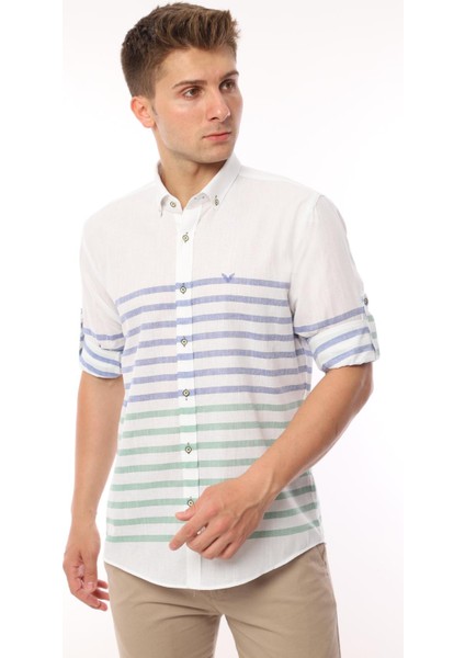 Slim Fit Uzun Kol Panolu Keten Hediye Kutulu Kolay Ütülenebilir Erkek GÖMLEK(A.139) - Yeşil