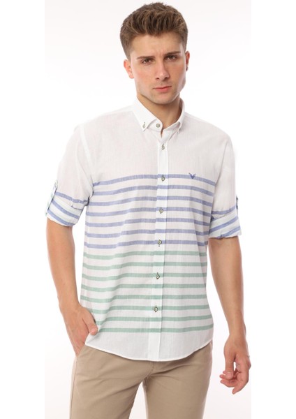 Slim Fit Uzun Kol Panolu Keten Hediye Kutulu Kolay Ütülenebilir Erkek GÖMLEK(A.139) - Yeşil fiyatları