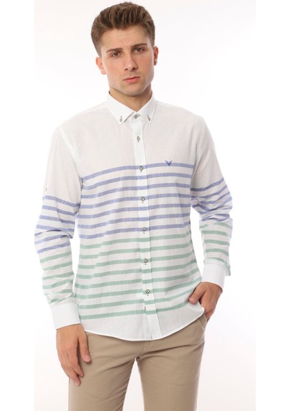 Slim Fit Uzun Kol Panolu Keten Hediye Kutulu Kolay Ütülenebilir Erkek GÖMLEK(A.139) - Yeşil fırsatları