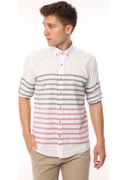 Slim Fit Uzun Kol Panolu Keten Hediye Kutulu Kolay Ütülenebilir Erkek GÖMLEK(A.139) - Bordo fiyatları