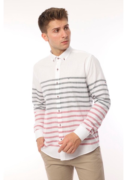 Slim Fit Uzun Kol Panolu Keten Hediye Kutulu Kolay Ütülenebilir Erkek GÖMLEK(A.139) - Bordo indirimleri