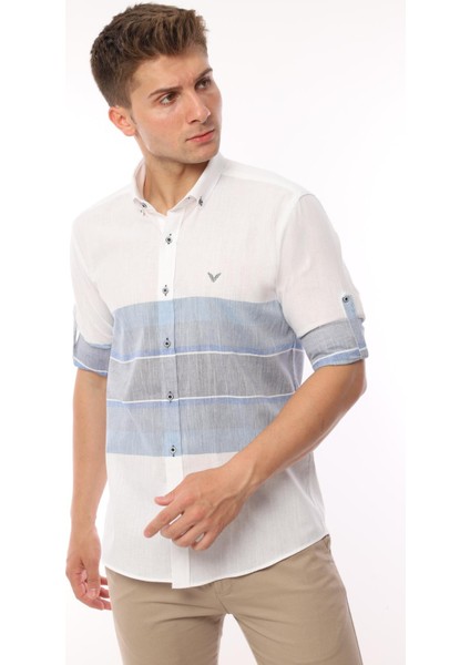 Slim Fit Uzun Kol Panolu Keten Hediye Kutulu Kolay Ütülenebilir Erkek Gömlek(A.18) - Lacivert fiyatları